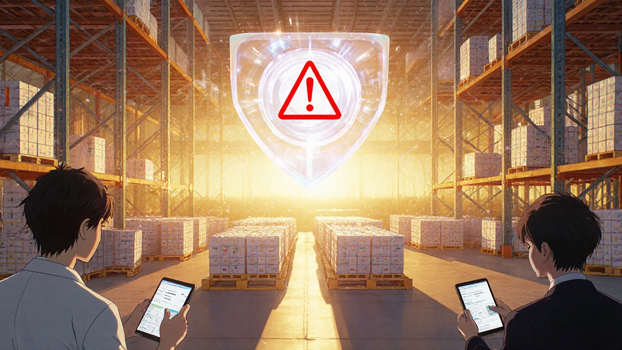 Centre de distribution où un système d&#039;IA bloque un lot de médicaments sous alerte rouge.