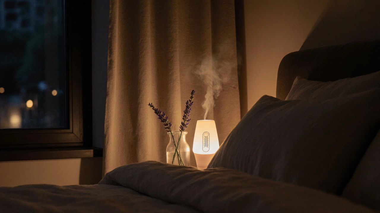 Chambre apaisante la nuit, lit douillet, lumière tamisée, rideaux opaques, diffusion de lavande, température idéale.