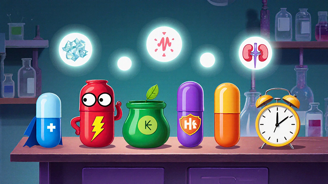 Cinq personnages diurétiques cartoon alignés avec leurs symboles uniques.