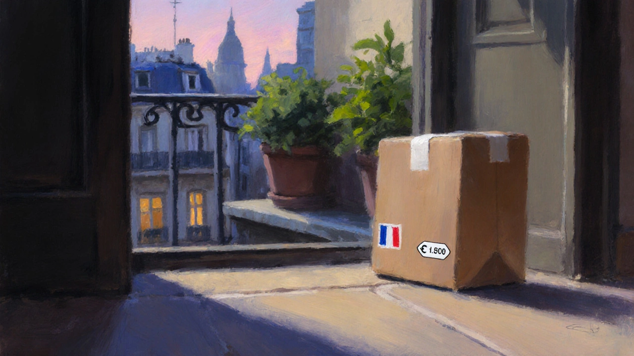 Colis discret de pilules génériques sur le pas de porte d'un appartement parisien.