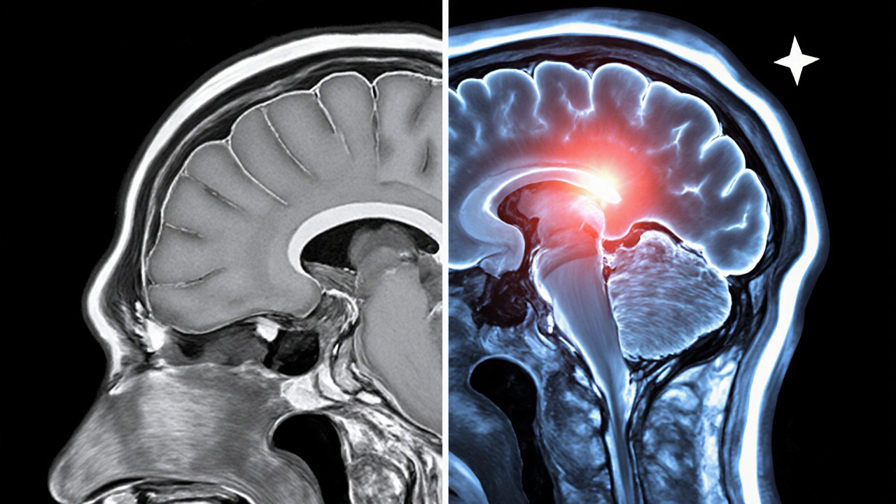 Comparaison d’un cerveau sain et d’un cerveau privé de REM, montrant cortex, hippocampe rétrécis et amygdale hyperactive.