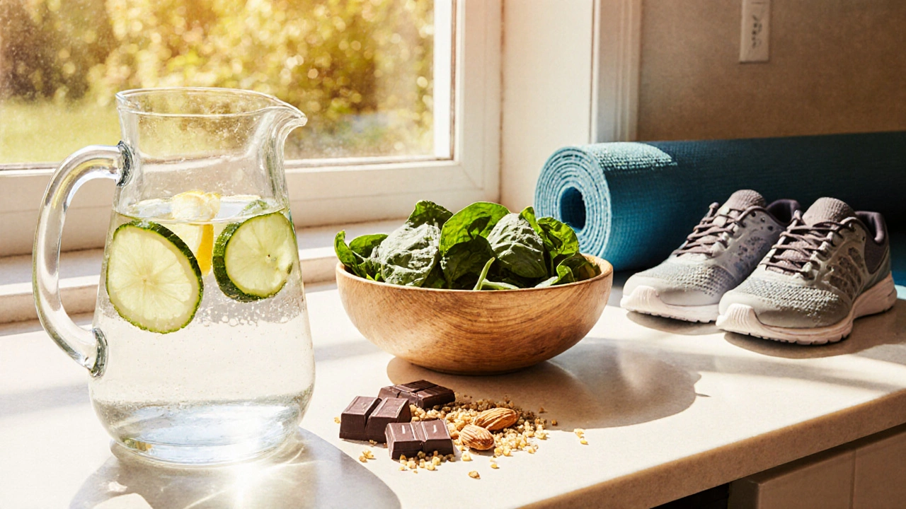 Comptoir de cuisine ensoleillé avec eau citronnée, amandes, épinards, quinoa, chocolat noir et tapis de yoga.