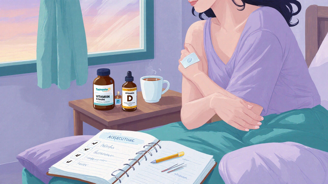 Femme appliquant un patch hormonal, flacons de magnésium, aiguilles d&#039;acupuncture et checklist sur le plan de nuit.