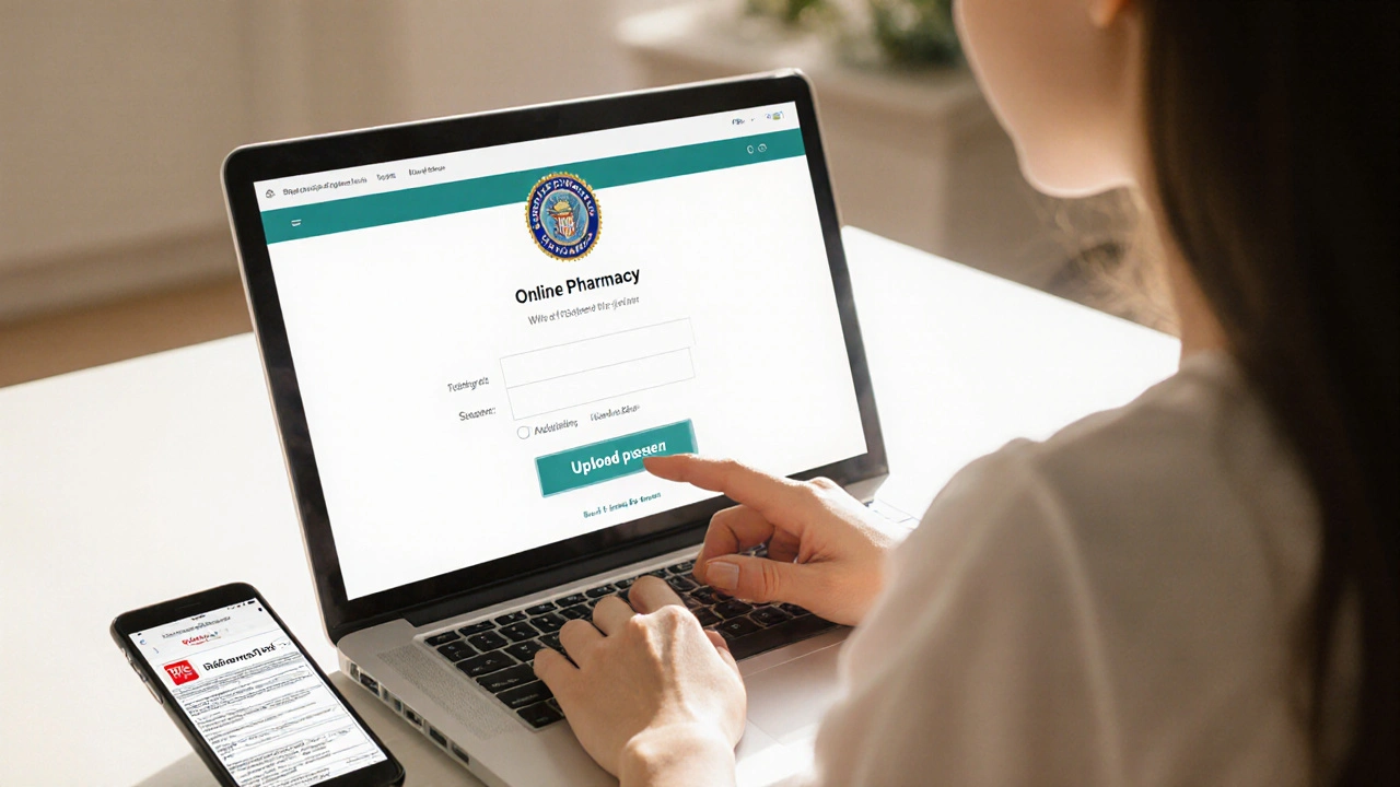 Femme commandant des pilules en ligne, écran d'ordinateur et bouton d'upload de prescription.