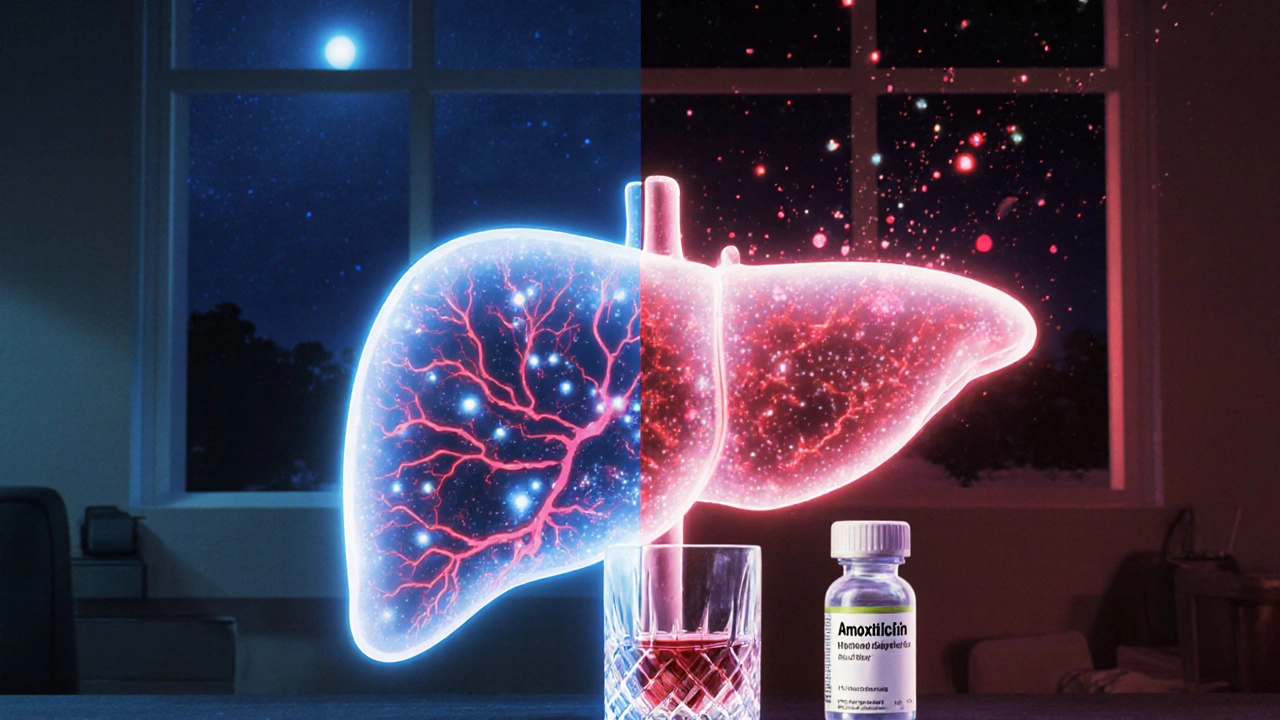 Foie lumineux entouré d’un verre de vin et d’un flacon d’amoxicilline, illustrant l’interaction.