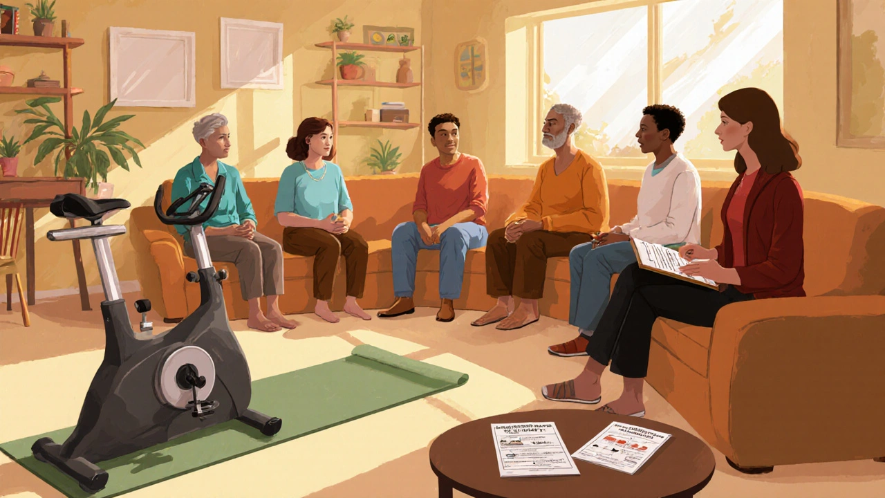 Groupe de soutien et activité physique, ambiance chaleureuse, montrant les stratégies d&#039;adaptation.