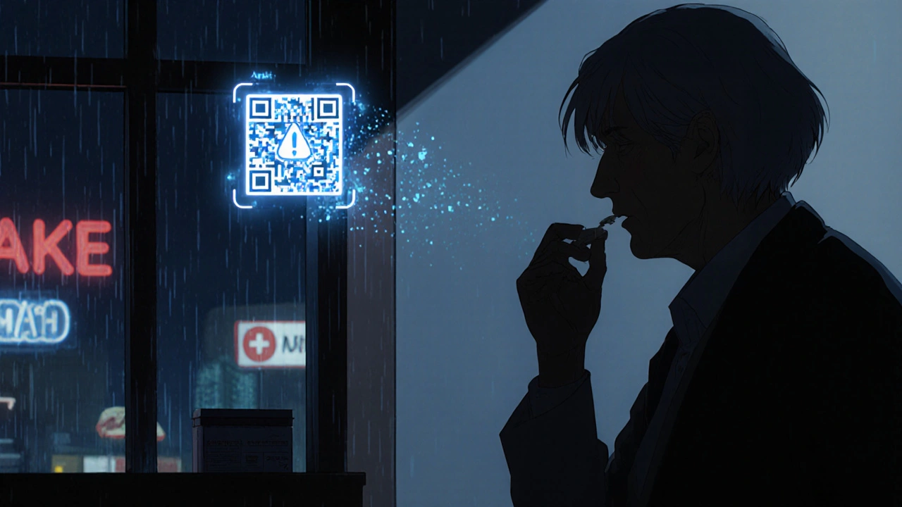 Homme âgé hésitant à prendre une pilule, un code QR flottant au-dessus de la boîte avec un avertissement lumineux.