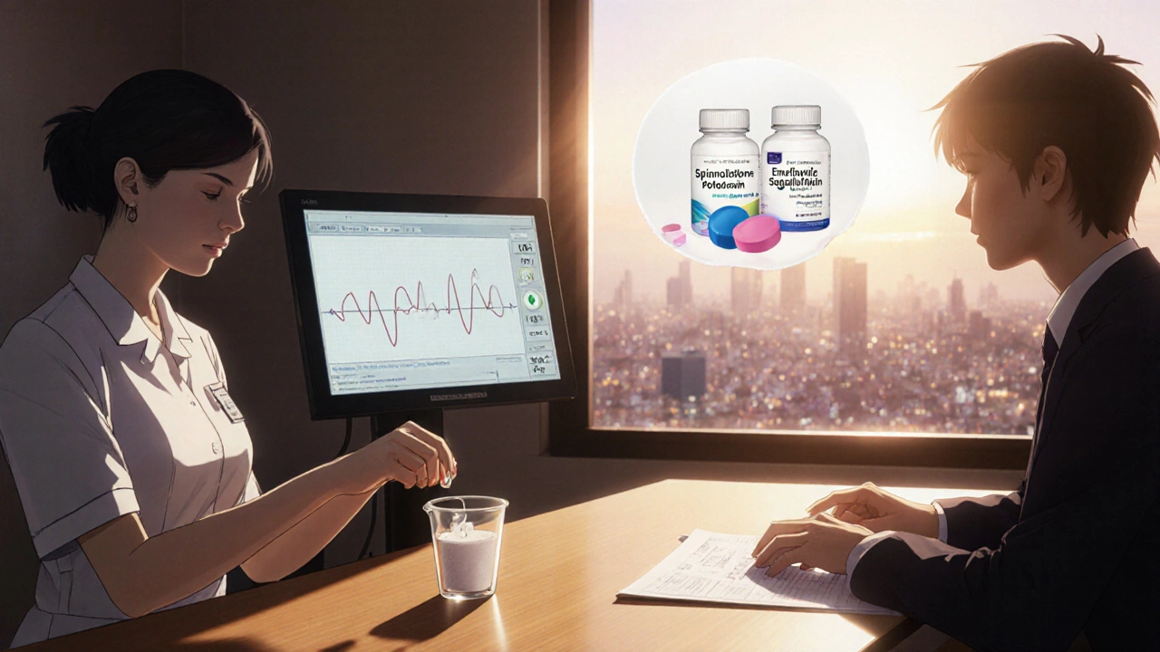 Infirmière prépare un supplément de potassium tandis que le médecin montre des pilules d&#039;spironolactone et d&#039;empagliflozine.