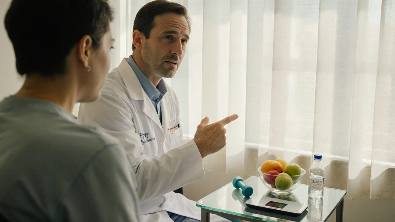 Médecin et patient discutent d&#039;options amincissantes autour d&#039;une balance, d&#039;un bol de fruits et d&#039;un flacon de pilules, dans une salle lumineuse.