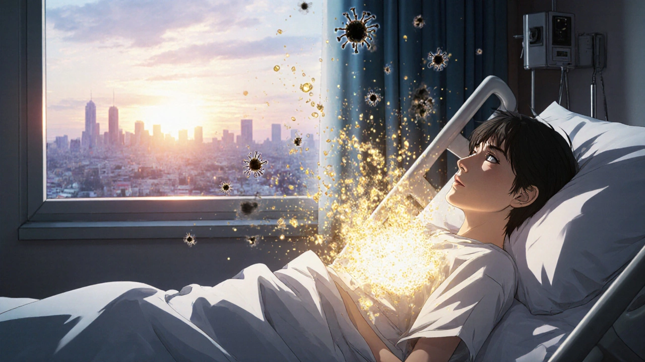 Patient en hôpital avec une réaction immunitaire explosive, des particules dorées émanant de sa poitrine sous l&#039;éclairage d&#039;urgence.