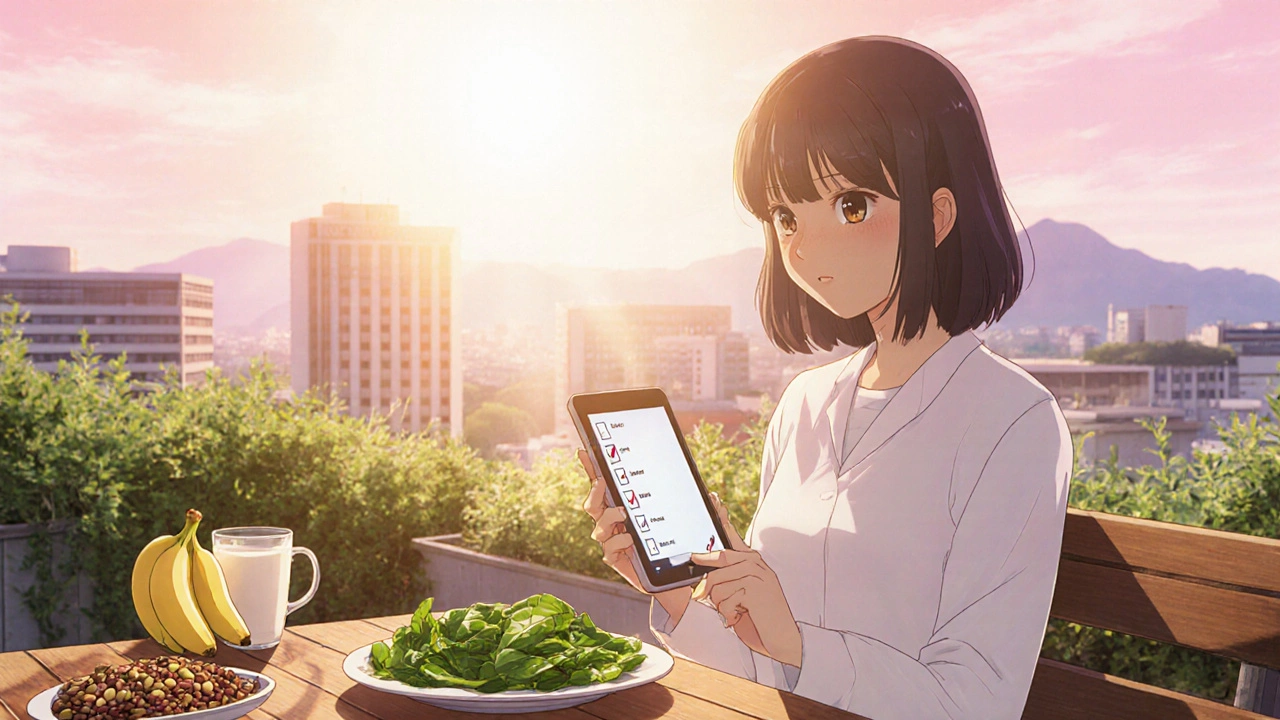 Patient mange un petit‑déjeuner riche en potassium dans un jardin sur le toit au lever du soleil.