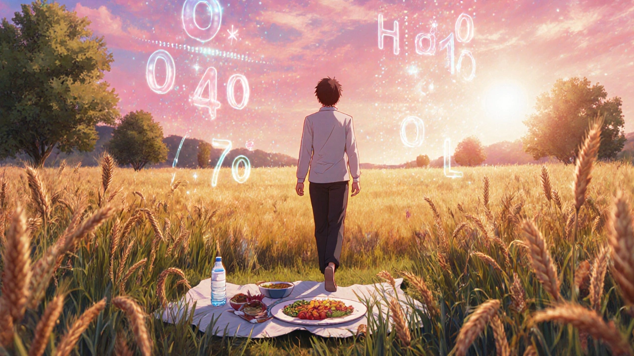 Patient marchant dans une prairie au coucher du soleil, illustrant un mode de vie sain.