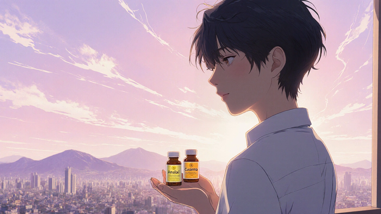 Personne au lever du soleil tenant des capsules d&#039;Amalaki et de curcuma.