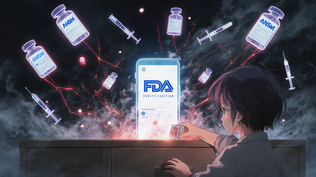 Pilules et logos flottants en décomposition, une main enfantine range en sécurité un médicament authentique.