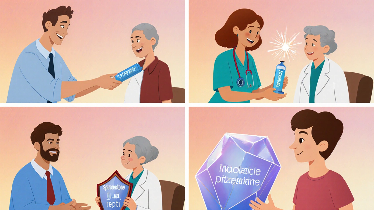 Quatre scènes de médecins conseillant différents patients avec des diurétiques.