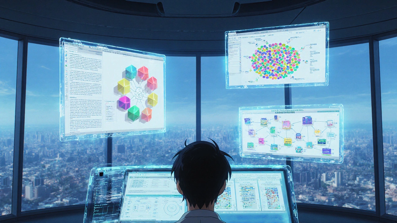 Salle de surveillance futuriste affichant diagrammes NLP, clustering, apprentissage fédéré et XAI.