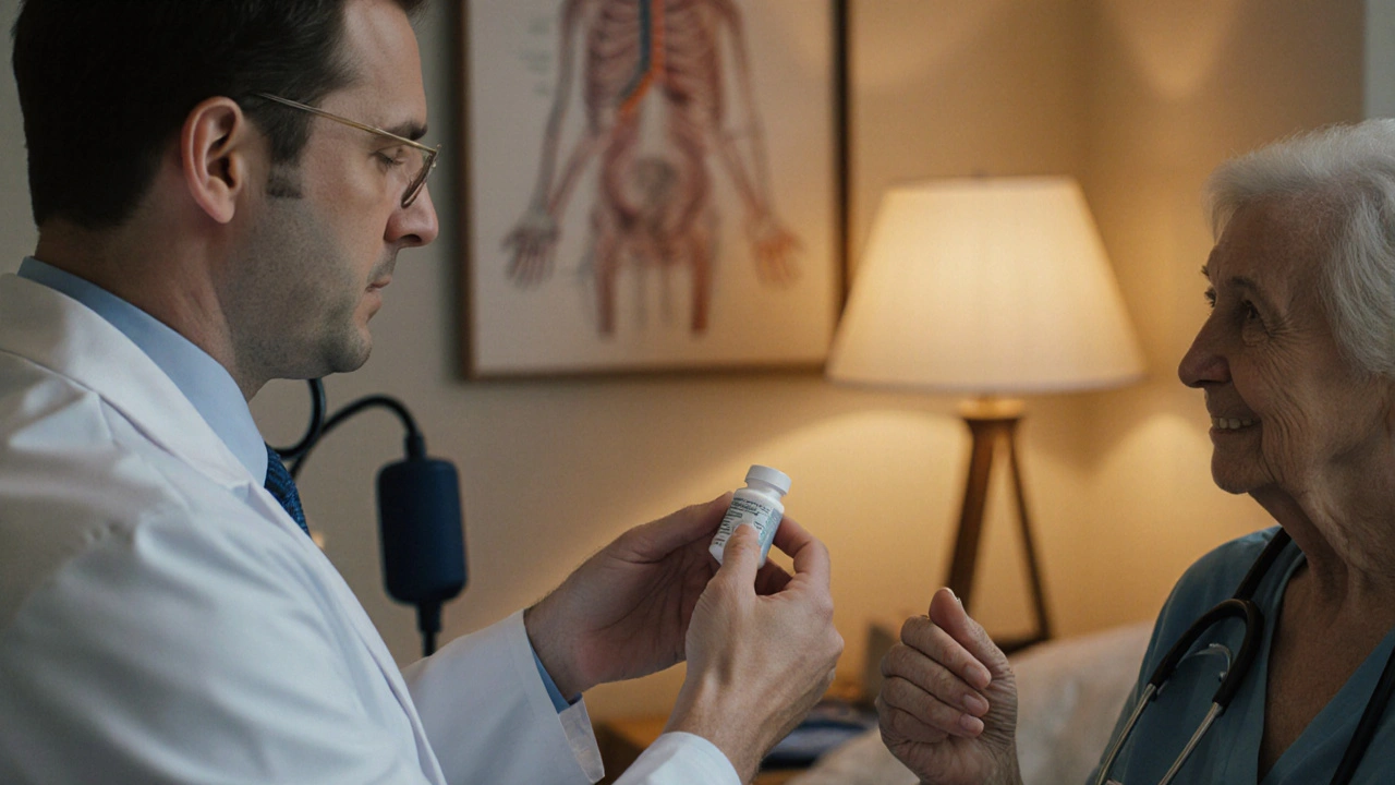 Scène de consultation où médecin et patient âgé discutent d’un traitement antihypertenseur.