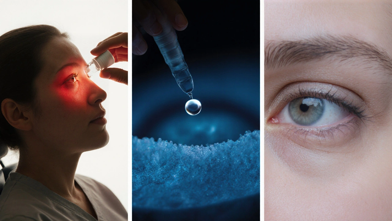 Scène divisée montrant l'application de gouttes sur un œil post‑chirurgie, une kératite de lentilles et une blépharite.