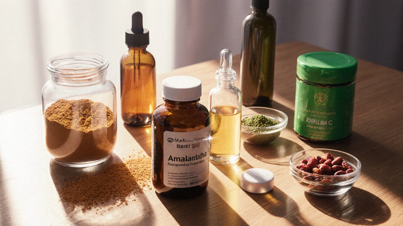 Table avec différents suppléments, la bouteille d&#039;Amalaki mise en avant.