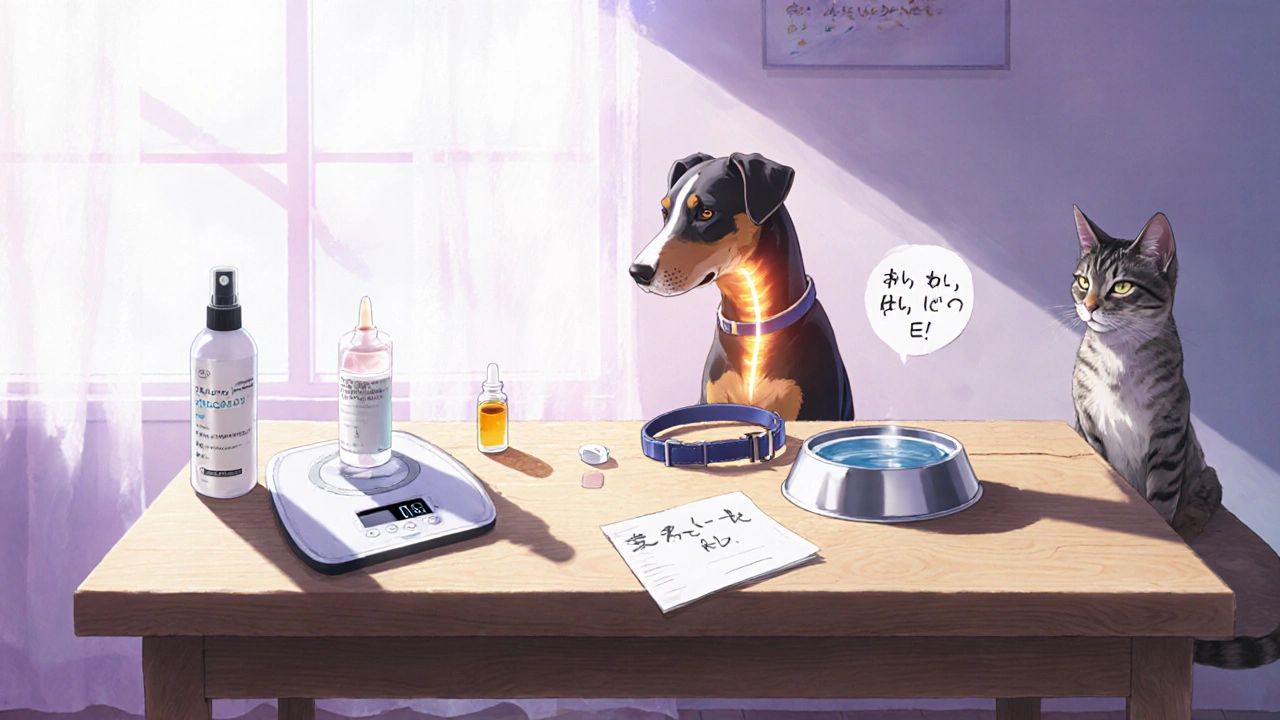 Table avec spray, pipette, collier et comprimé, balance de poids et un chat inquiet en arrière‑plan.