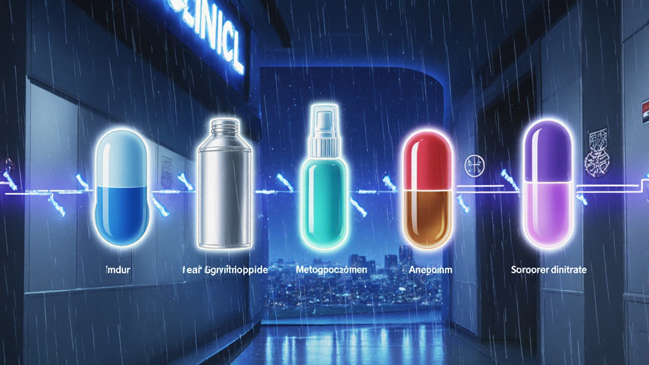 Tableau flottant montrant divers médicaments contre l&#039;angine.