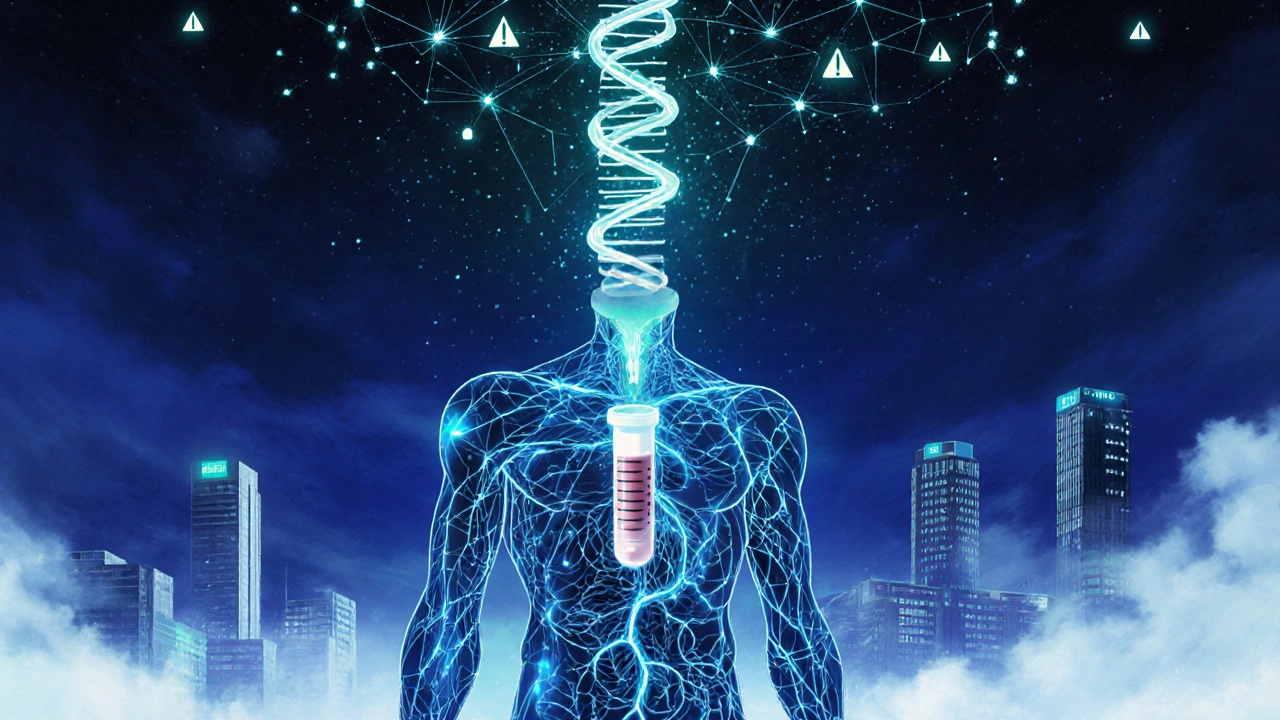 Un corps humain connecté à un réseau numérique, des codes génétiques s&#039;élèvent en constellations, dans une ambiance de ciel crépusculaire.