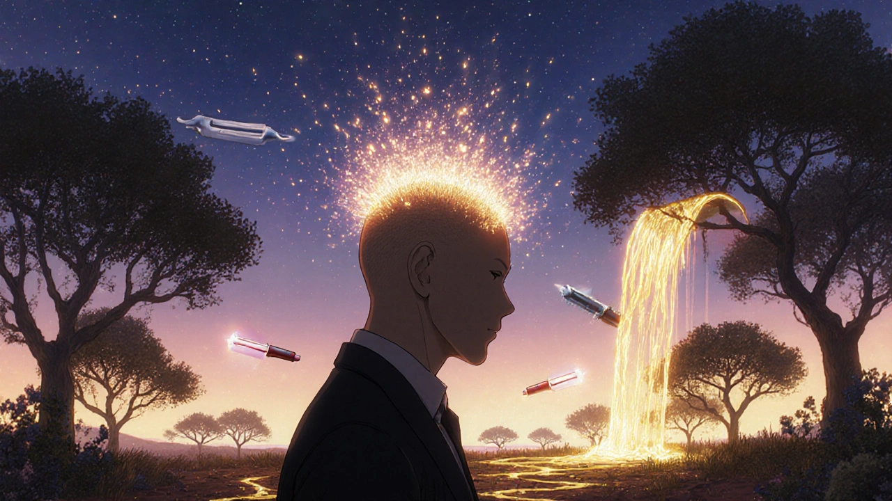 Un cuir chevelu transformé en forêt lumineuse avec des follicules en forme d&#039;arbres, des injections dorées et des lumières laser dans le ciel crépusculaire.