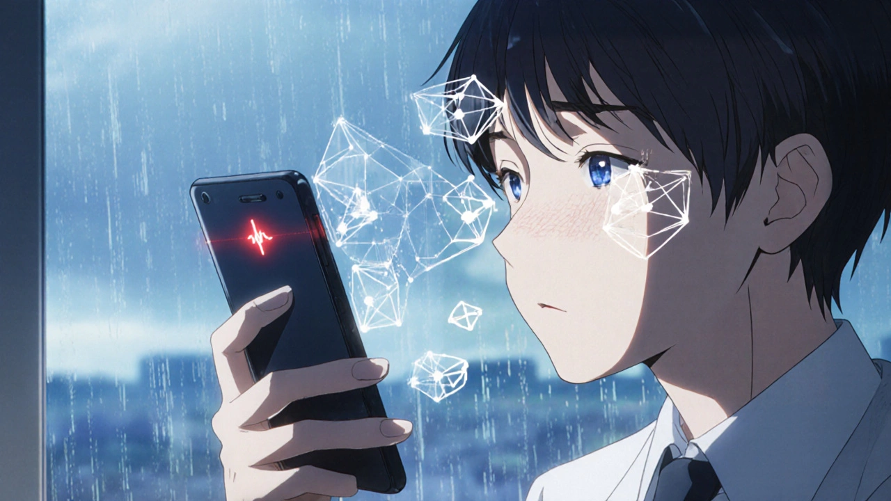 Un patient regardant son téléphone, des formes géométriques analyser son visage, avec une alerte douce qui pulse à l&#039;écran.