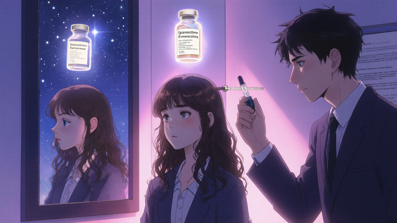 Une femme et un homme dans un bureau de dermatologue, des lumières douces entourent leurs traitements respectifs pour la chute des cheveux.