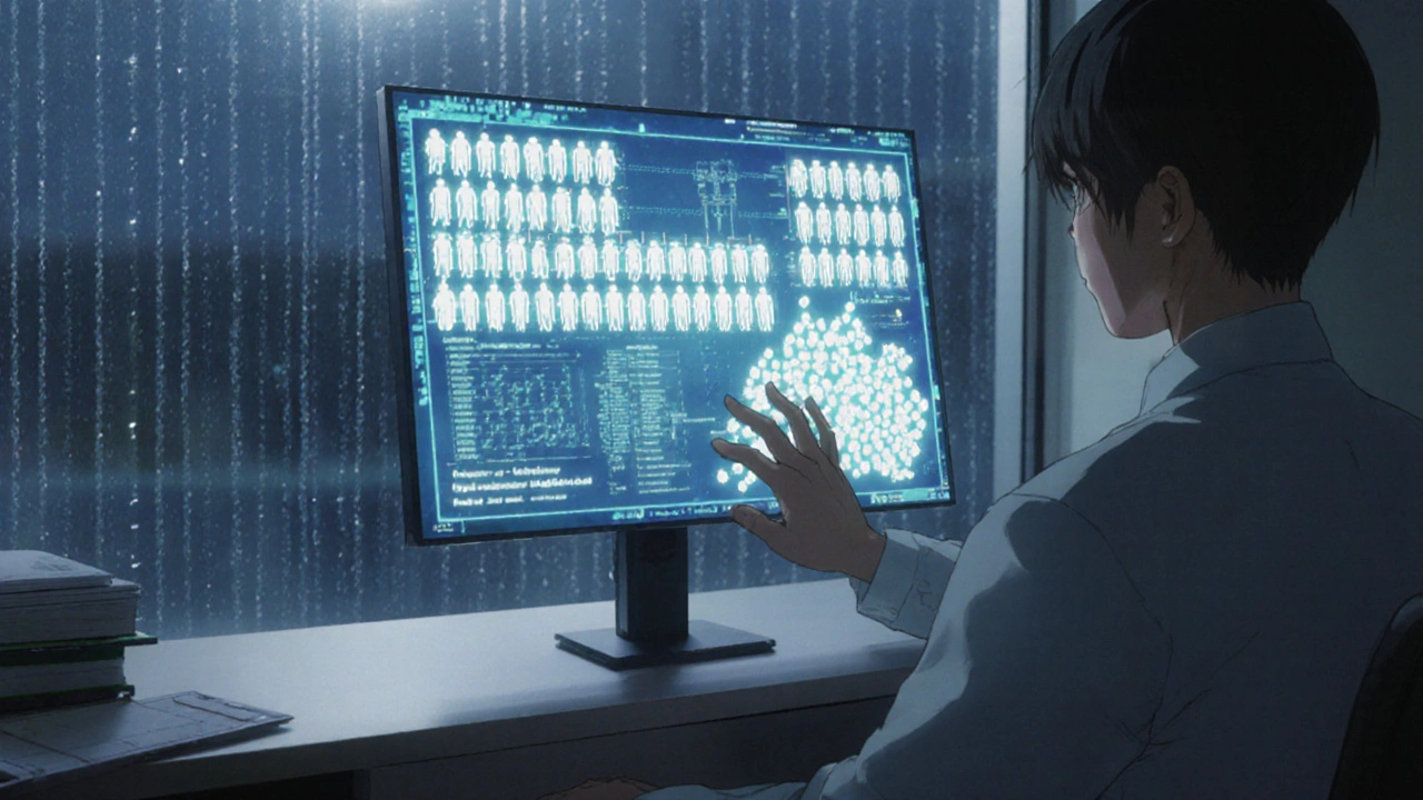 Une interface d&#039;IA médicale affichant des données biaisées, avec des figures minoritaires qui disparaissent, tandis que la pluie coule sur une fenêtre.