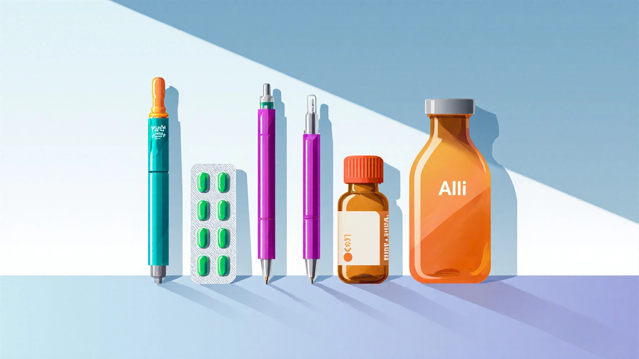 Variante de cinq médicaments amaigrissants : stylos injectables, flacon de gélules et comprimé, présentés sur surface neutre.