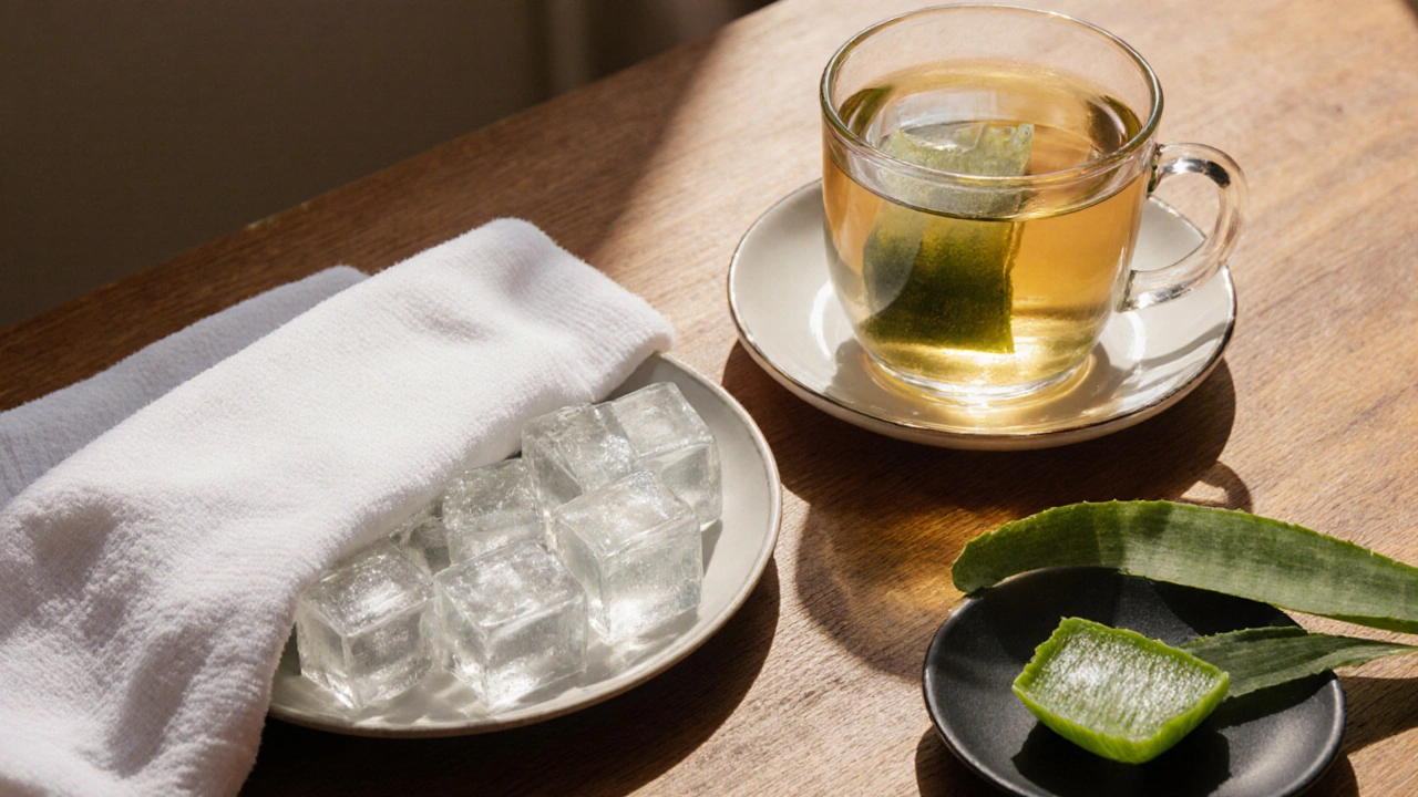 Vue à plat d’une compresse froide, de sachets de thé vert et de gel d’aloe vera sur une table en bois.