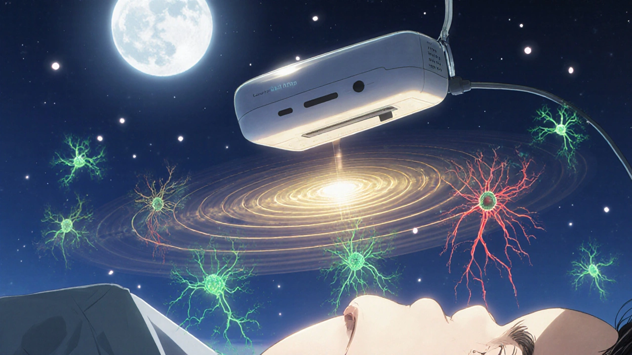 Capteur biométrique flottant au-dessus d&#039;un patient, émettant une pulsation dorée qui réactive des neurones dans le cerveau, dans une chambre d&#039;hôpital silencieuse de nuit.