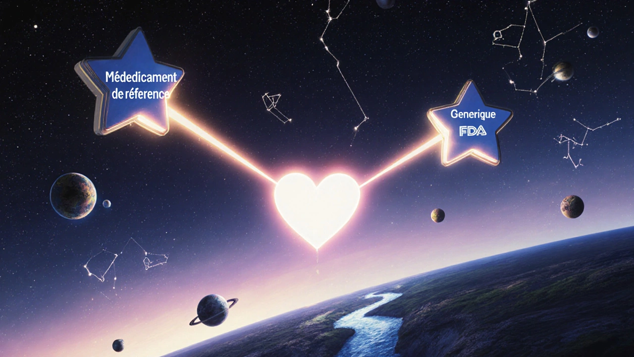 Deux étoiles identiques dont la lumière converge vers un cœur humain, entourées de symboles réglementaires dans un ciel crépusculaire.