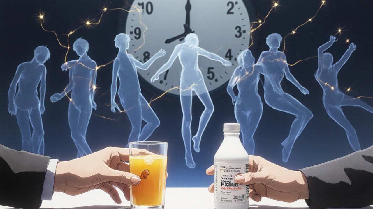 Deux mains offrant complément de fer et jus d&#039;orange, des fils dorés apaisent des jambes agitées.