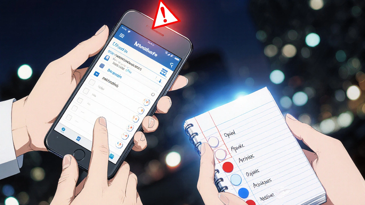 Deux mains tenant un carnet colorié et un téléphone affichant une application de suivi médical.