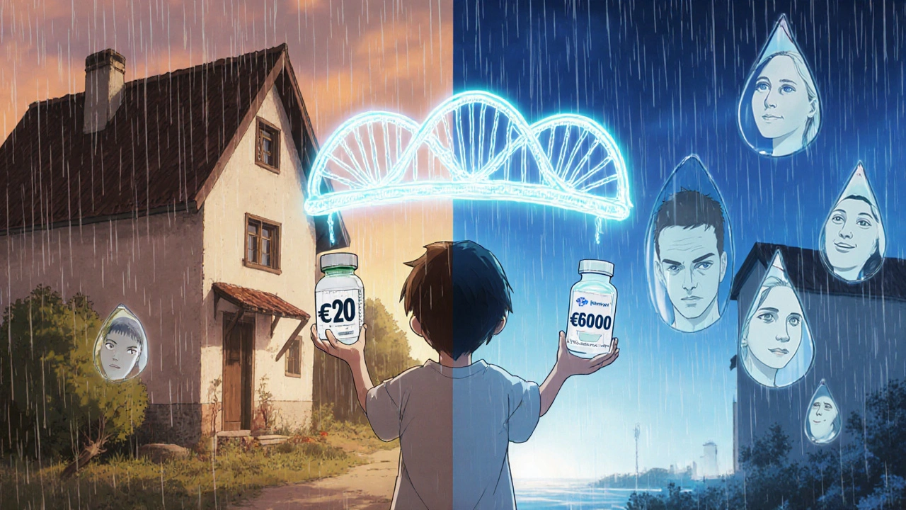 Deux mondes de traitement séparés, reliés par un pont lumineux, représentant l&#039;inégalité d&#039;accès aux médicaments.