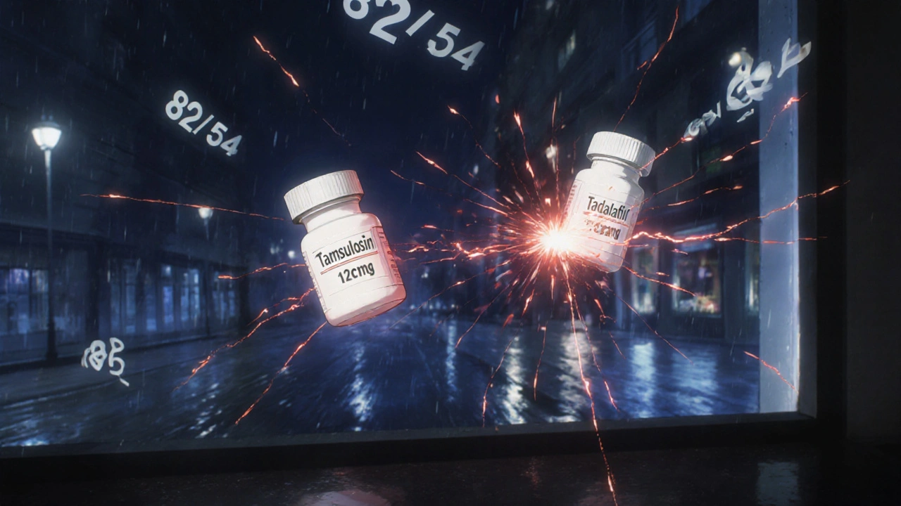 Deux pilules flottantes reliées par un fil qui se rompt, des chiffres de pression artérielle tourbillonnent dans l&#039;air, nuit pluvieuse à Paris en arrière-plan.