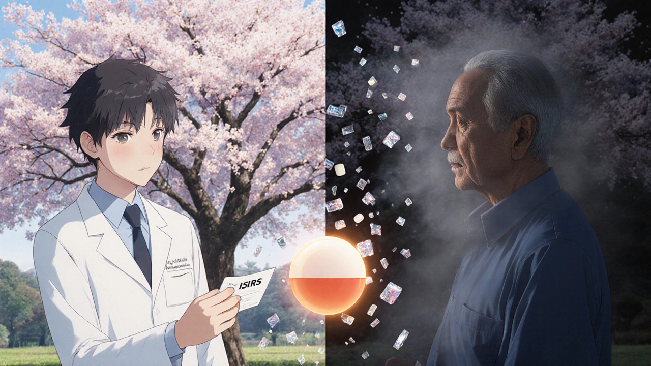 Deux scènes contrastées : une prescription risquée et une alternative sûre, symbolisées par une fleur qui fleurit ou se flétrit.