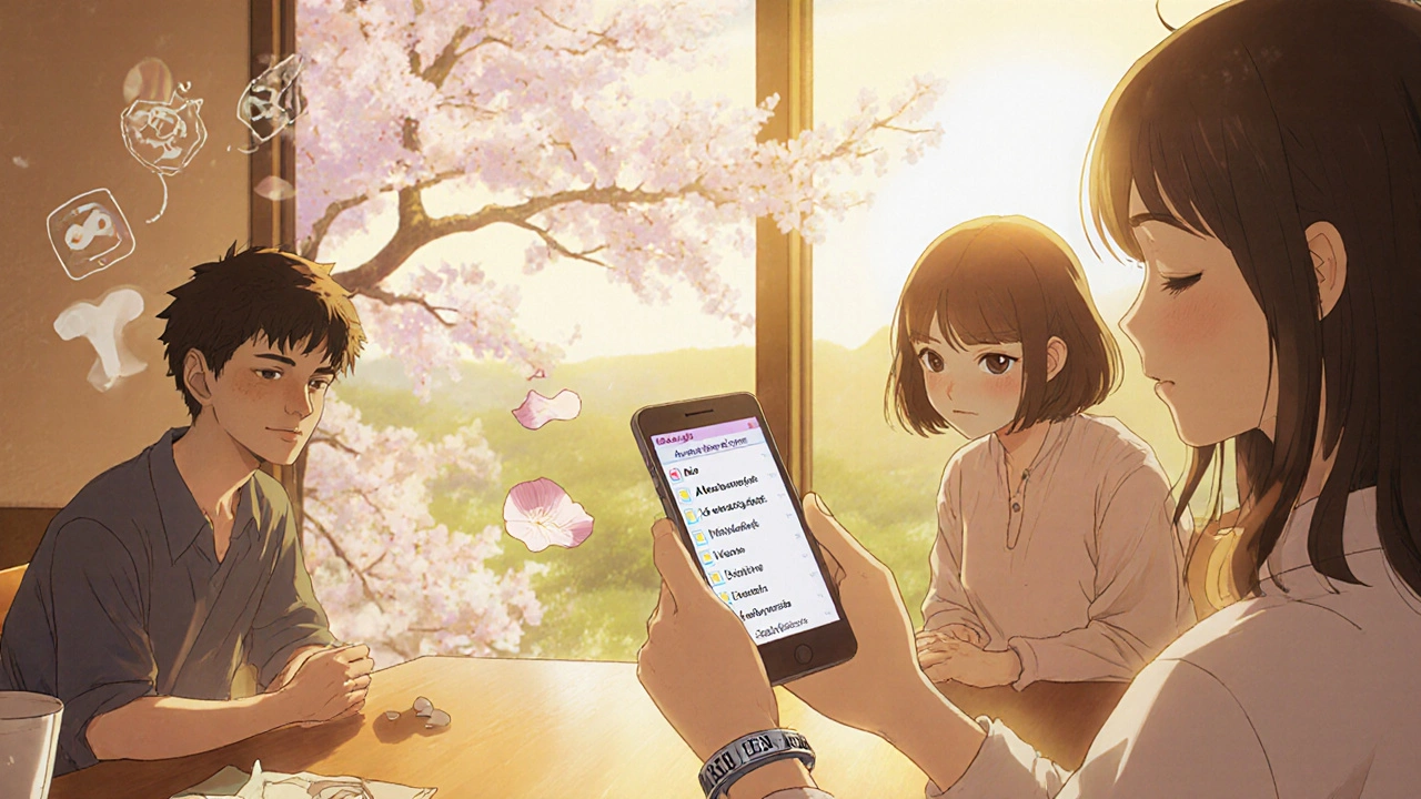 Famille regardant un bracelet médical et une liste de médicaments interdits au petit-déjeuner.