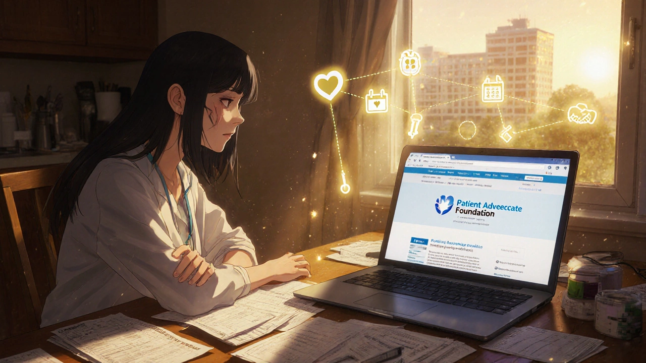 Femme à sa table de cuisine, entourée de papiers médicaux, regardant un site web d&#039;aide financière éclairé par la lumière du coucher de soleil.