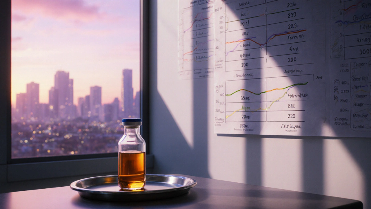 Flacon de fer IV brillant dans un laboratoire au lever du jour, avec des graphiques de ferritine en arrière-plan.