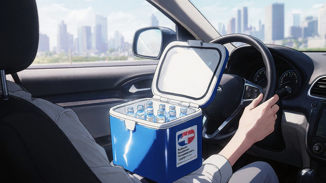 Glacière isolée transportant de l&#039;insuline sur le siège d&#039;une voiture en mouvement.
