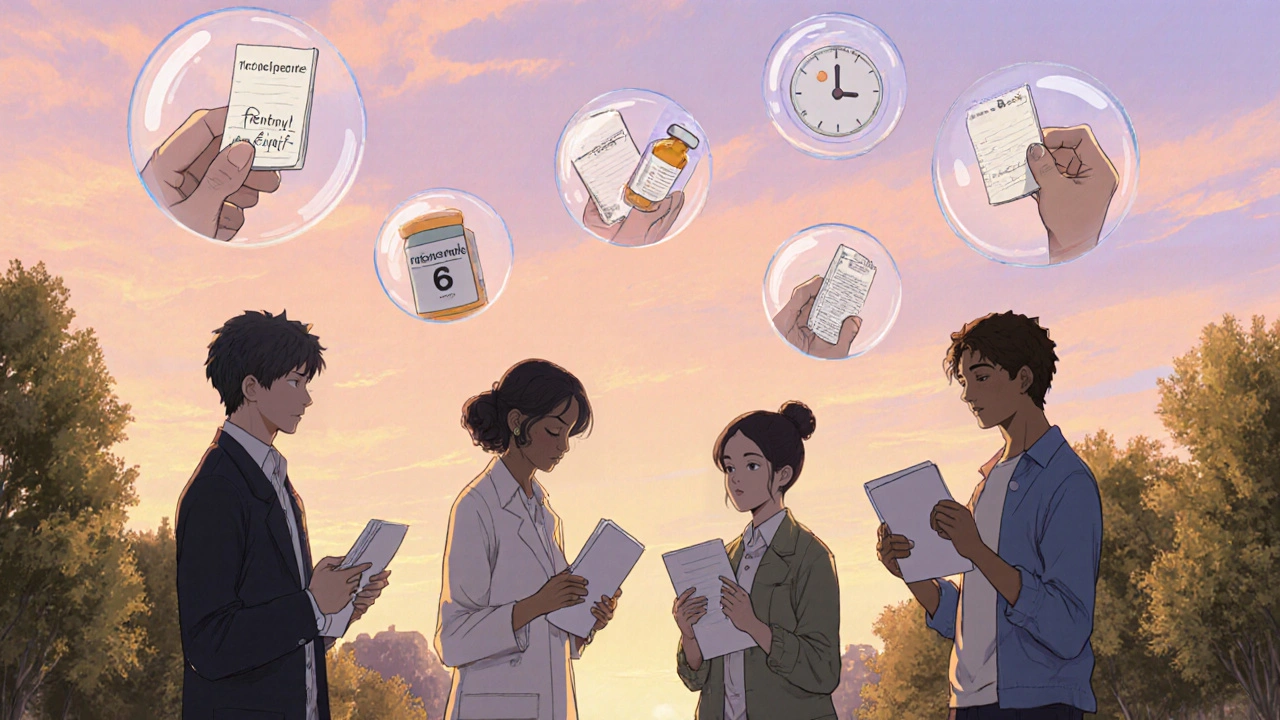 Groupe de personnes dans un parc échangeant leurs carnets de médicaments sous un ciel coloré.