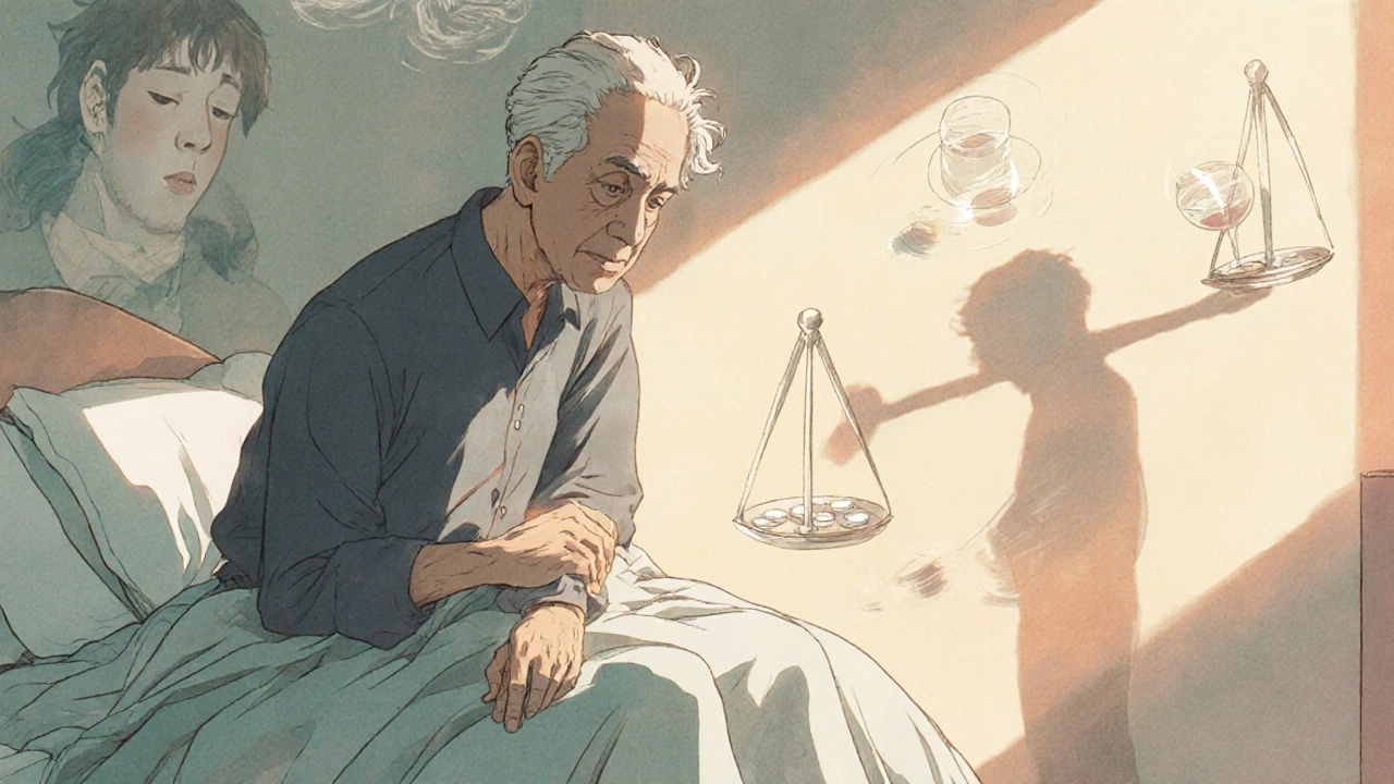 Homme assis sur le bord du lit au lever du jour, des fantômes de vertige flottent autour de lui, ombre en forme de balance équilibrant médicaments et stabilité.