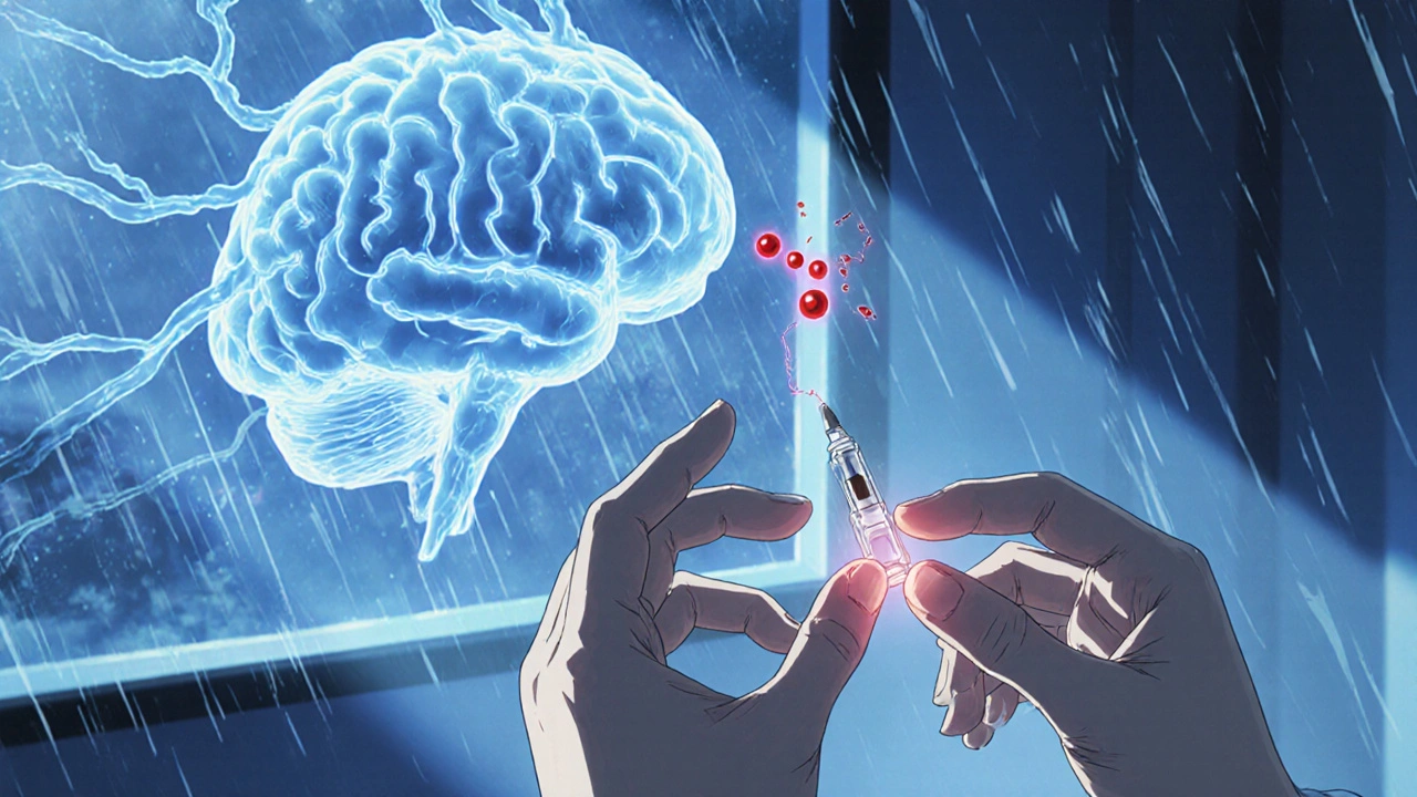 Main administrent de la naloxone, tandis que des neurones se déconnectent en arrière-plan, dans une lumière d&#039;urgence bleue et des gouttes de pluie sur la fenêtre.