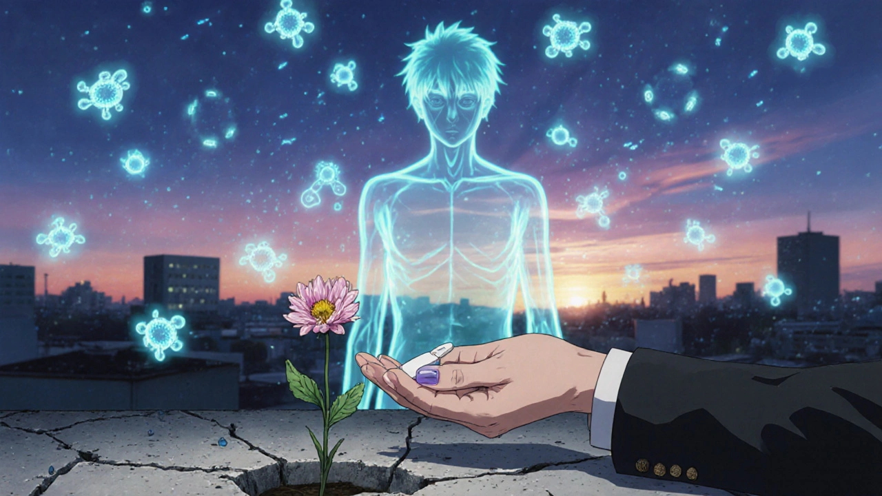 Main tenant un antibiotique à côté d&#039;une fleur sauvage, entourée de virus phages et de peptides antimicrobiens.