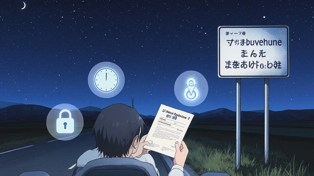 Patient dans sa voiture sur une route rurale la nuit, ordonnance de buprénorphine avec minuteur de 6 mois.