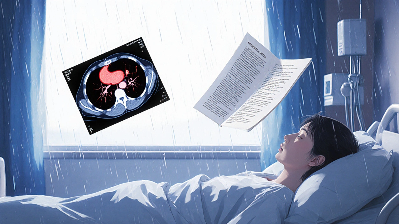 Patient dans une chambre d&#039;hôpital au lever du jour, un scanner flottant montre une inflammation intestinale.