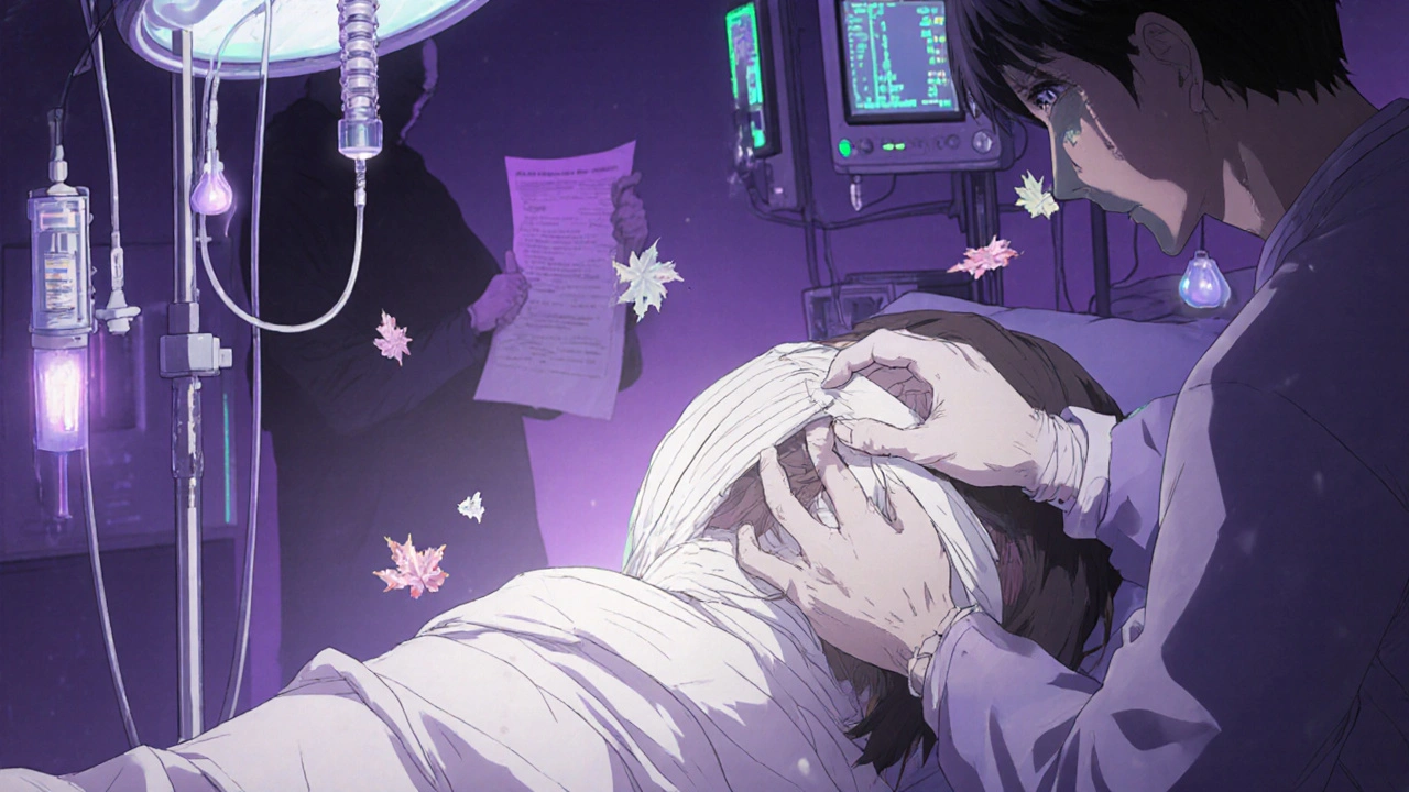 Patient en soins intensifs, les yeux bandés, des bandages et des perfusions autour.